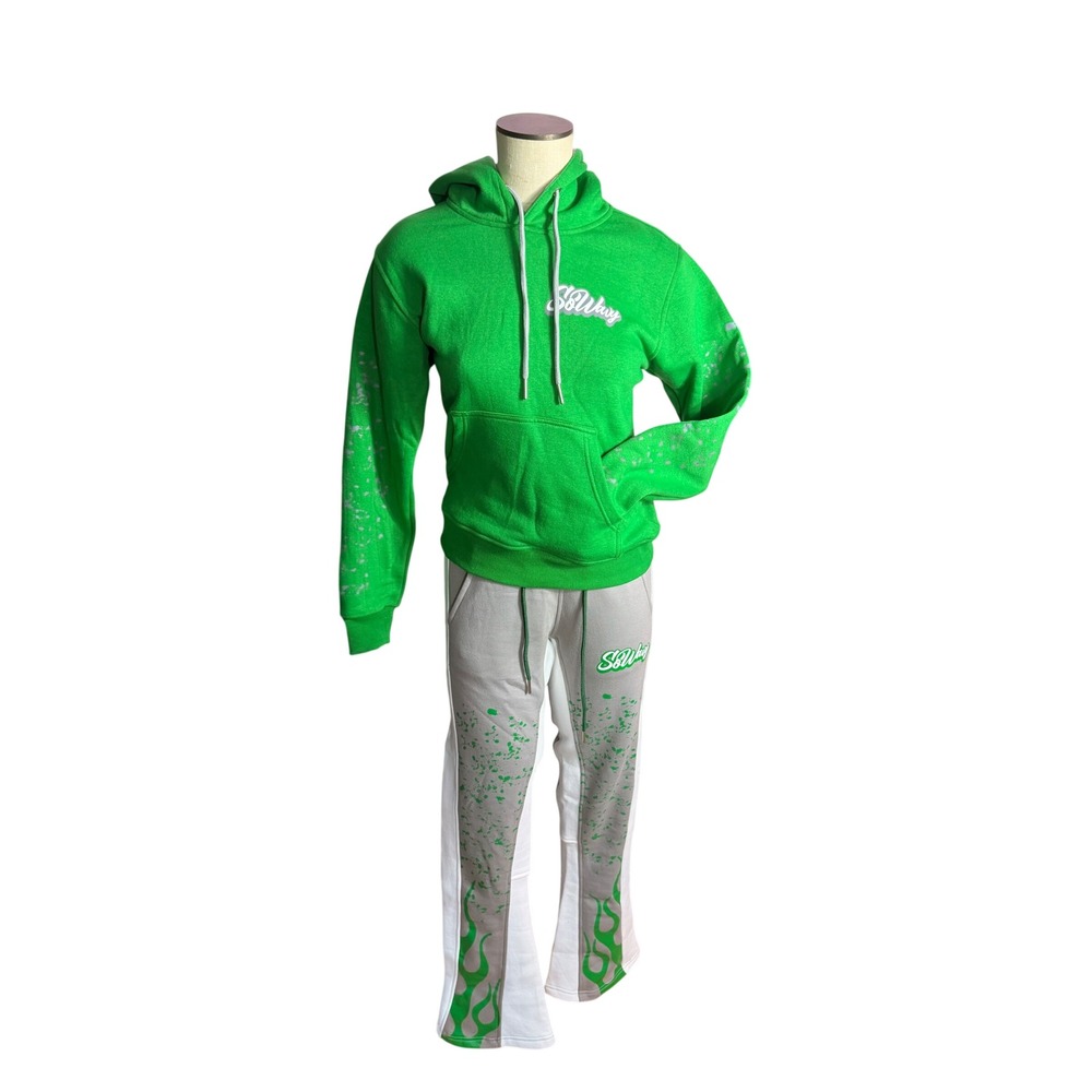 SoWavy Apparel Tracksuit Set XS Green Grey Flame Print Hoodie Flare Sweatpants